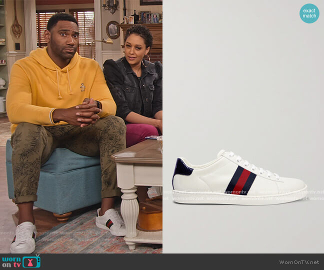 Ace watersnake and canvas-trimmed leather sneakers by Gucci worn by Moz McKellan (Anthony Alabi) on Family Reunion