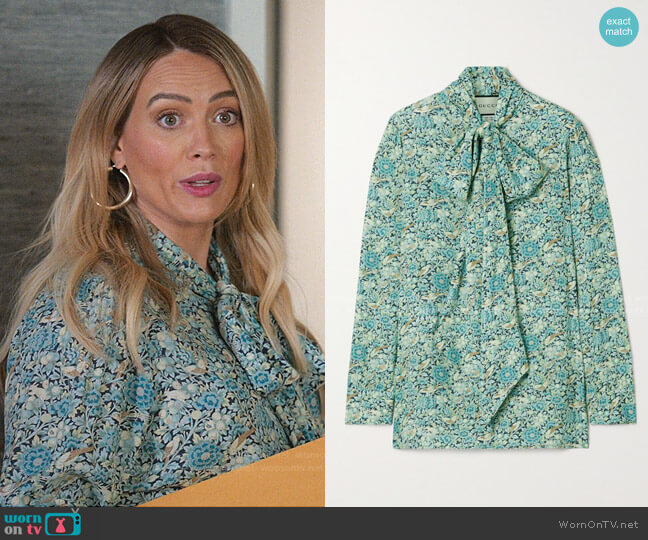 Liberty floral print blouse by Gucci worn by Kelsey Peters (Hilary Duff) on Younger