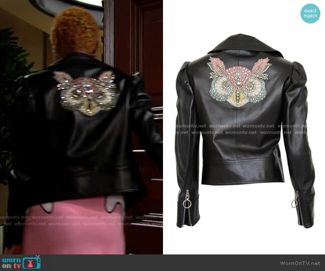 Gucci Leather jacket with embroidered/crystal owl design worn by Paris Buckingham (Diamond White) on The Bold and the Beautiful