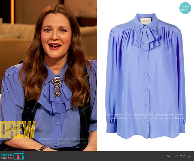 Detachable-ruffle silk-crepe blouse by Gucci worn by Drew Barrymore on The Drew Barrymore Show