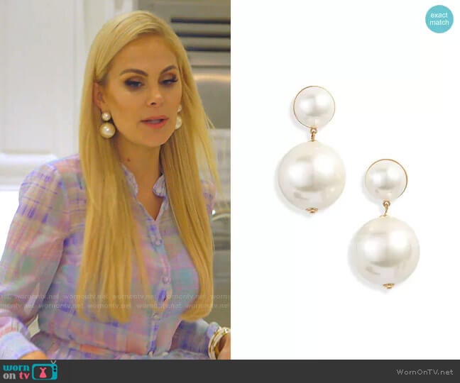 Imitation Pearl Doorknocker Earrings by Lele Sadoughi worn by Kameron Westcott on The Real Housewives of Dallas