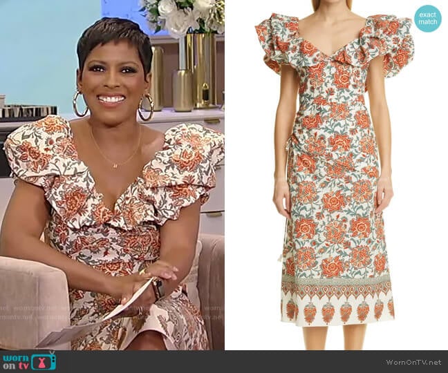 Art de Vivre Floral Cotton Midi Dress by Johanna Ortiz worn by Tamron Hall on Tamron Hall Show