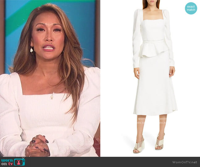 Crinkle Long Sleeve Midi Dress with Removable Peplum by Johanna Ortiz worn by Carrie Inaba on The Talk