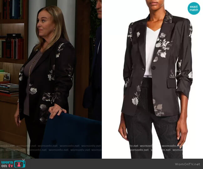 Claudia Floral Gathered Sleeve Jacket by Kobi Halperin worn by Laura Collins (Genie Francis) on General Hospital