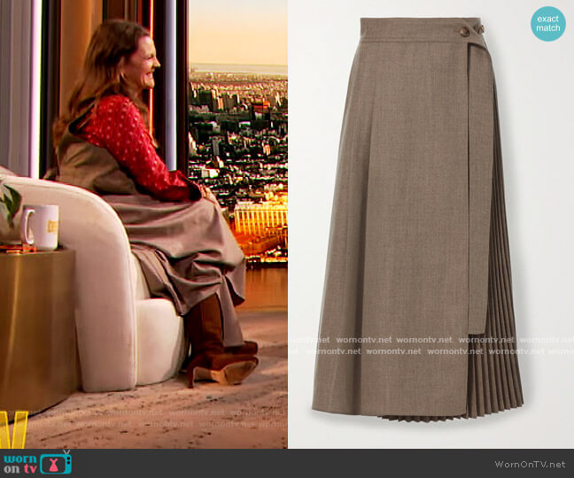 Pleated wrap wool midi skirt by LVIR worn by Drew Barrymore on The Drew Barrymore Show