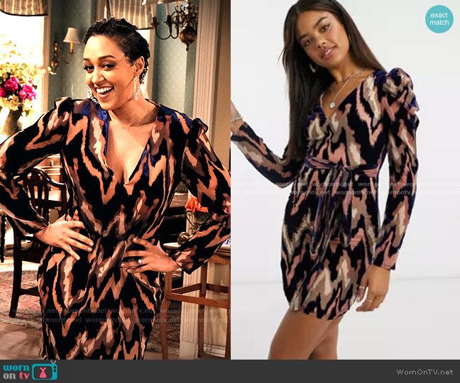 Wrap Mini Velvet Dress in Zig Zag Velvet by Little Mistress worn by Cocoa McKellan (Tia Mowry-Hardrict) on Family Reunion