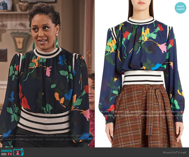 Rib Trim Floral Print Blouse by MSGM worn by Cocoa McKellan (Tia Mowry-Hardrict) on Family Reunion