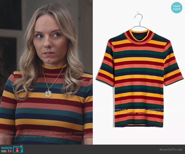 Ribbed Mockneck Top in Rainbow Stripe by Madewell worn by Seri DeYoung on Good Trouble