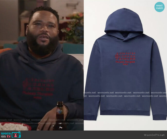 Oversized Logo-Embroidered Loopback Cotton-Jersey Hoodie by Maison Margiela worn by Andre Johnson (Anthony Anderson) on Black-ish