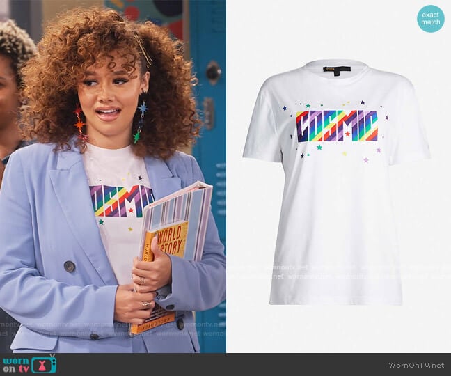 Terence graphic-embroidered cotton-jersey T-shirt by Maje worn by Jade (Talia Jackson) on Family Reunion