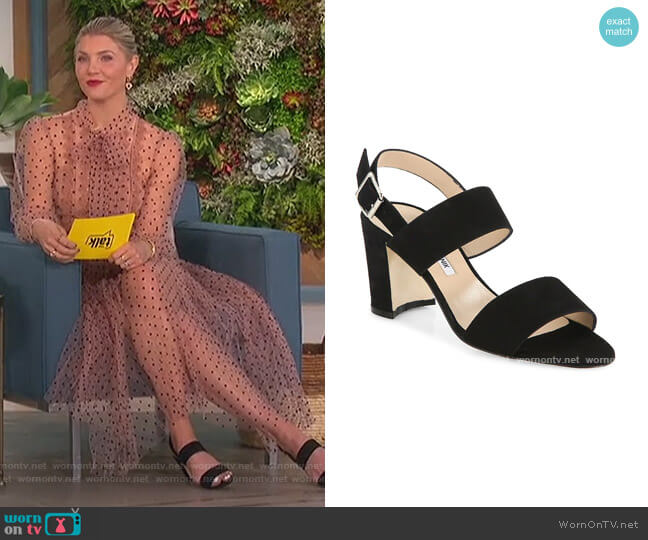 Khan Block-Heel Suede Slingback Sandals by Manolo Blahnik worn by Amanda Kloots on The Talk