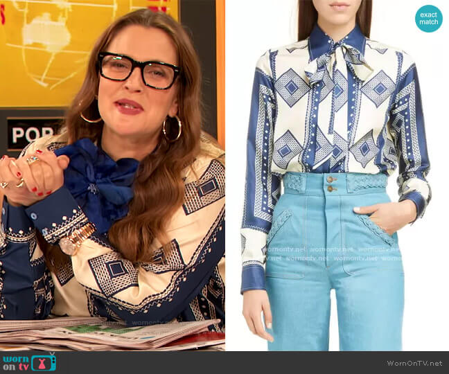 Geometric Print Tie Neck Silk Blouse by Runway Marc Jacobs worn by Drew Barrymore on The Drew Barrymore Show