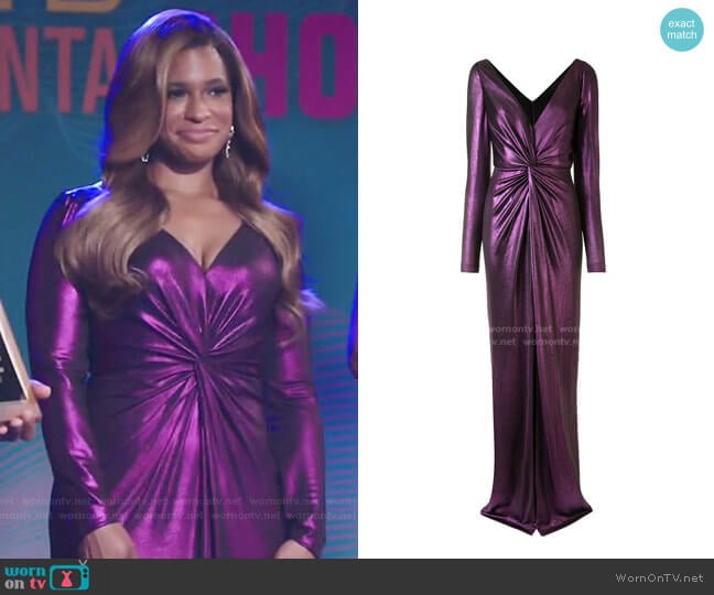 Metallic Ruched V-neck Dress by Marchesa Notte worn by Mika (Kimrie Lewis) on Kenan