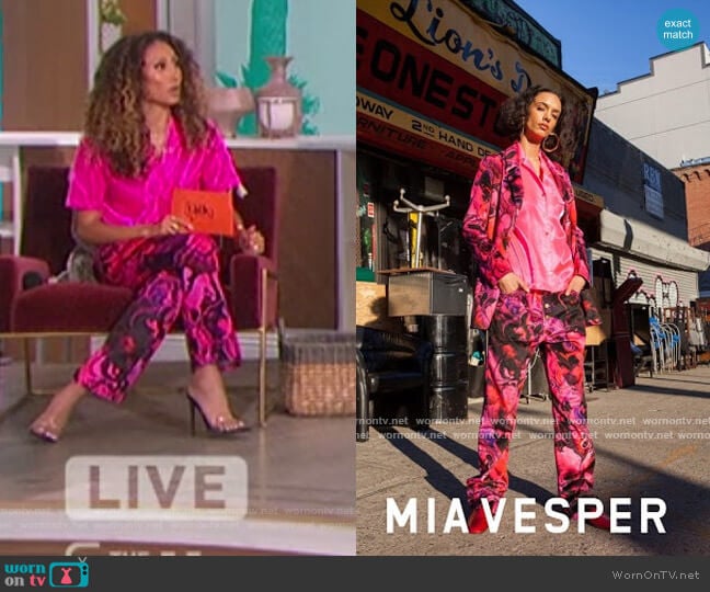 Bowling Shirt and Pants by Mia Vesper worn by Elaine Welteroth on The Talk