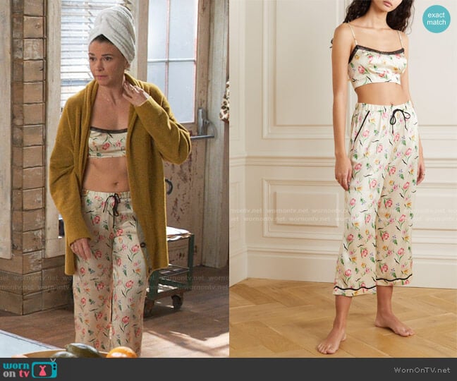 Noelle Petal Floral-Print Silk-Blend Satin Pajama Set by Morgan Lane worn by Liza Miller (Sutton Foster) on Younger