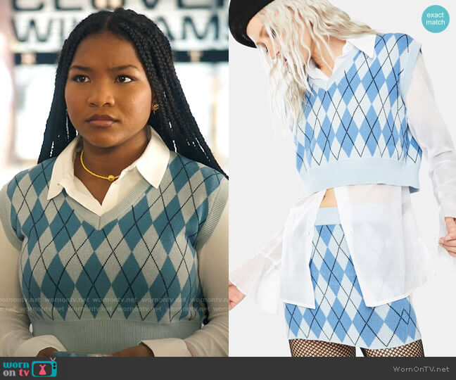 Nii HAi Blue Argyle Crop Sweater Vest worn by Delilah (Laya DeLeon Hayes) on The Equalizer