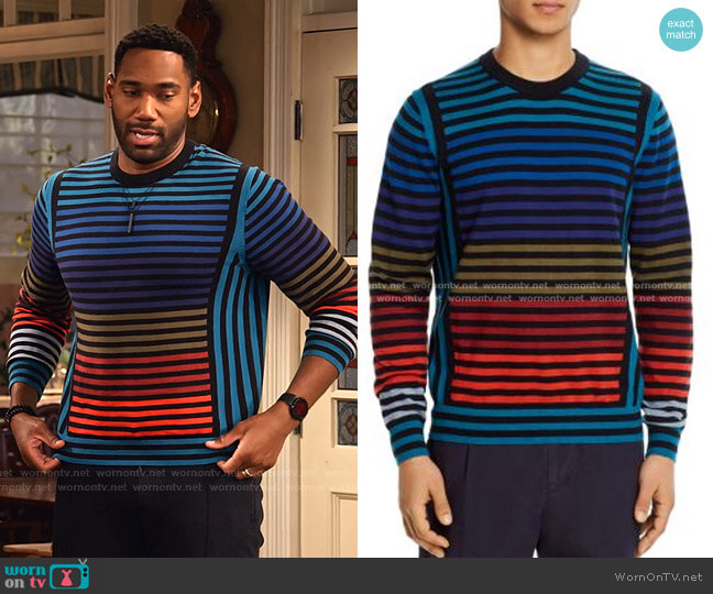 Striped Sweater by PS Paul Smith worn by Moz McKellan (Anthony Alabi) on Family Reunion