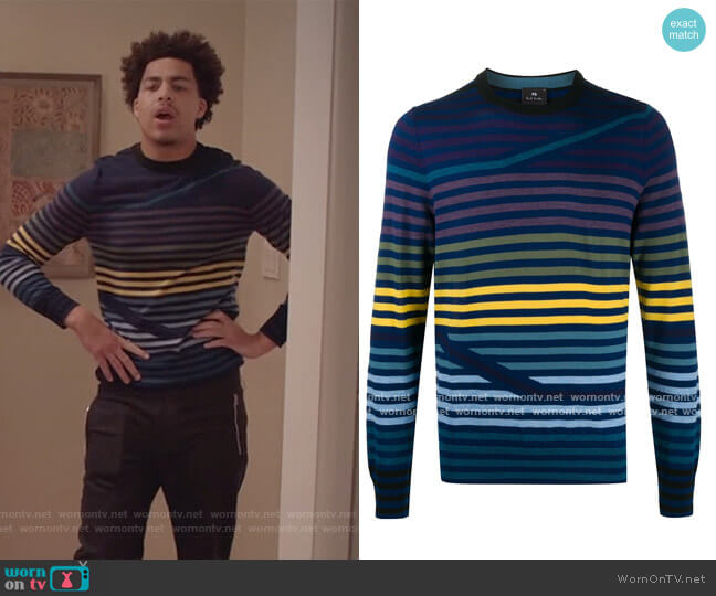 Striped-pattern crew neck Jumper by PS Paul Smith worn by Andre Johnson Jr (Marcus Scribner) on Black-ish