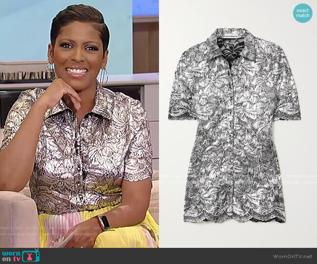 Metallic coated corded lace blouse by Paco Rabanne worn by Tamron Hall on Tamron Hall Show