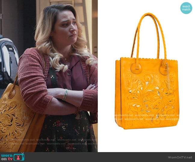 Cavo Tooled Leather Tote by Patricia Nash worn by Davia (Emma Hunton) on Good Trouble