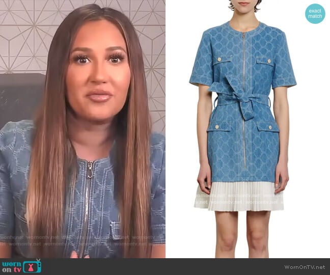 Kayle Medallion Jacquard Ruffle Hem Denim Minidress by Sandro worn by Adrienne Houghton on The Real