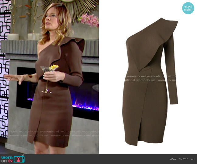 Scanlan Theodore Crepe Knit Ruffle Sleeve Dress in Cafe worn by Phyllis Summers (Michelle Stafford) on The Young and the Restless