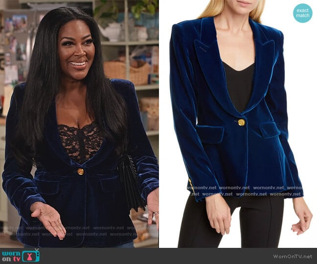 Peak Lapel Velvet Blazer by Smythe worn by Kenya Moore on Family Reunion