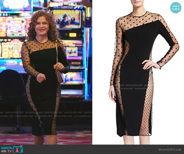 Deb’s black polka dot mesh panel dress on Zoeys Extraordinary Playlist