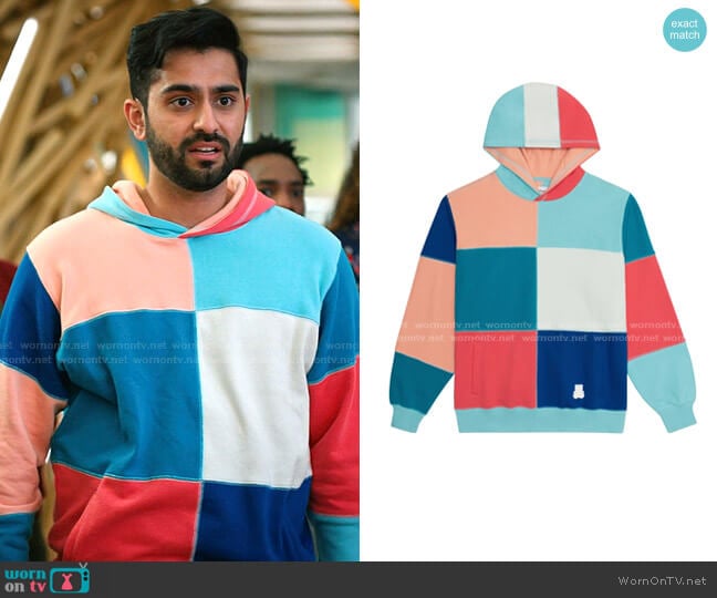 Patchwork Hoodie by Teddy Fresh worn by Kapil Talwalkar on Zoeys Extraordinary Playlist