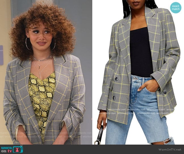 Lemon Check Double Breasted Blazer by Topshop worn by Jade (Talia Jackson) on Family Reunion