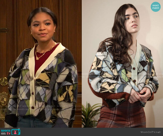 Arden Patchwork Argyle Cardigan by Urban Outfitters worn by Nia Baxter (Navia Robinson) on Ravens Home