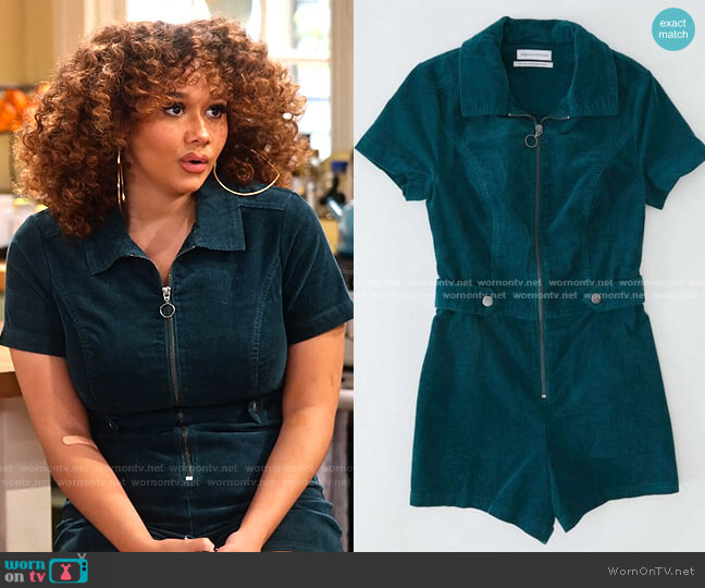 Tyson Zip-Front Short Sleeve Romper by Urban Outfitters worn by Jade (Talia Jackson) on Family Reunion