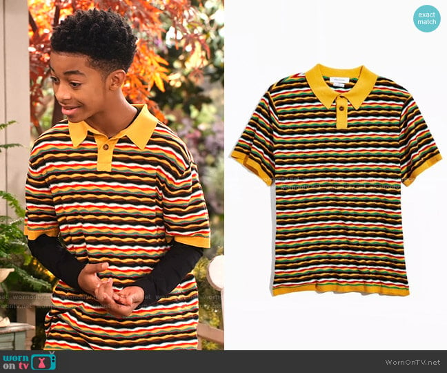 Zeke Stripe Sweater Polo Shirt by Urban Outfitters worn by Shaka McKellan (Isaiah Russell-Bailey) on Family Reunion