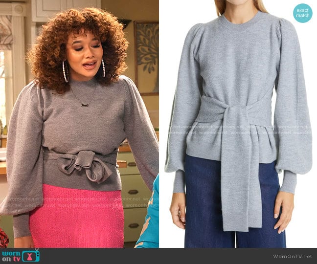 Rubi Blouson Sleeve Belted Merino Wool Sweater by Ulla Johnson worn by Jade (Talia Jackson) on Family Reunion