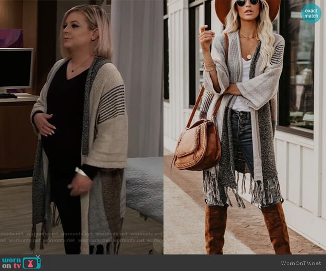 District Fringe Colorblock Cardigan by Vici worn by Maxie Jones (Kirsten Storms) on General Hospital