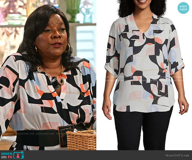 WornOnTV: M’Dear’s abstract print v-neck blouse on Family Reunion ...