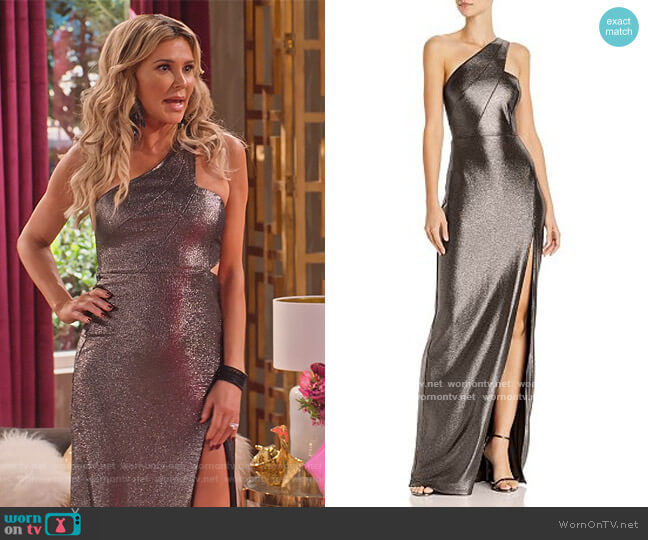 Metallic Knit One-Shoulder Gown by Aidan by Aidan Mattox worn by Brandi Glanville on Family Reunion