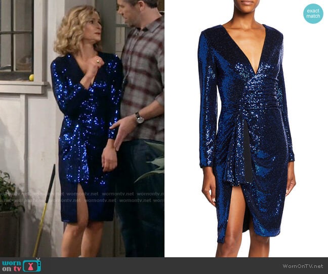 Aidan by Aidan Mattox Asymmetric Side Draped Sequin Dress worn by Jean Raines (Kyra Sedgwick) on Call Your Mother