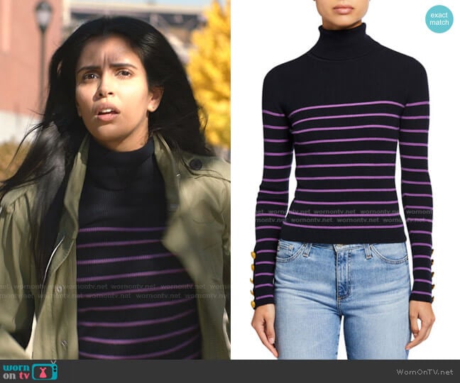 Desi Striped Turtleneck Sweater by A.L.C. worn by Saanvi (Parveen Kaur) on Manifest