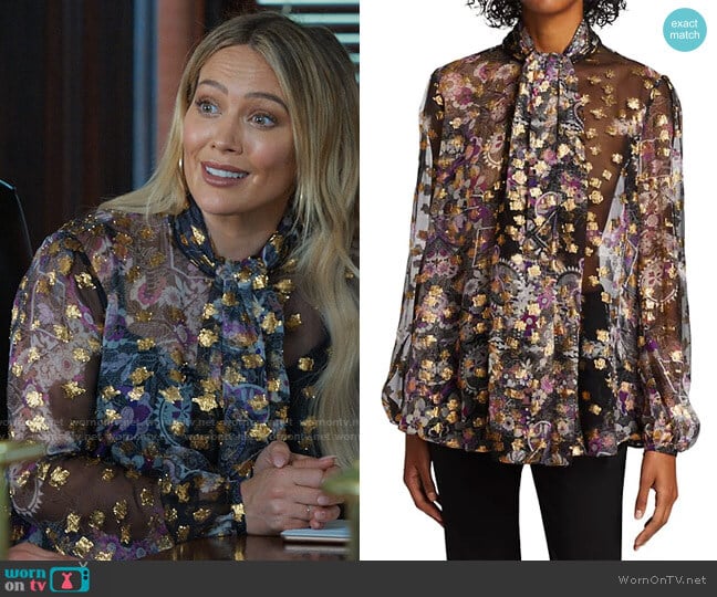 Alexander McQueen Silk Scarf Tie Blouse worn by Kelsey Peters (Hilary Duff) on Younger