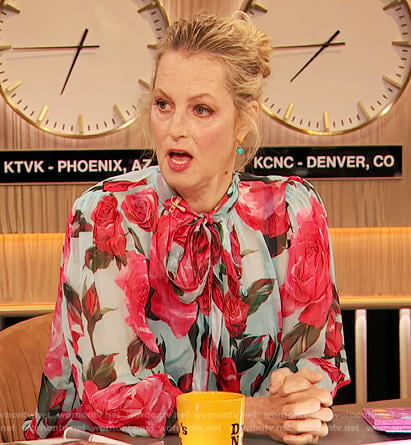 Ali Wentworth’s rose print tie neck blouse on The Drew Barrymore Show