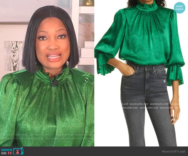 Launa Paisley Blouson Sleeve Satin Top by Alice + Olivia worn by Garcelle Beauvais on The Real