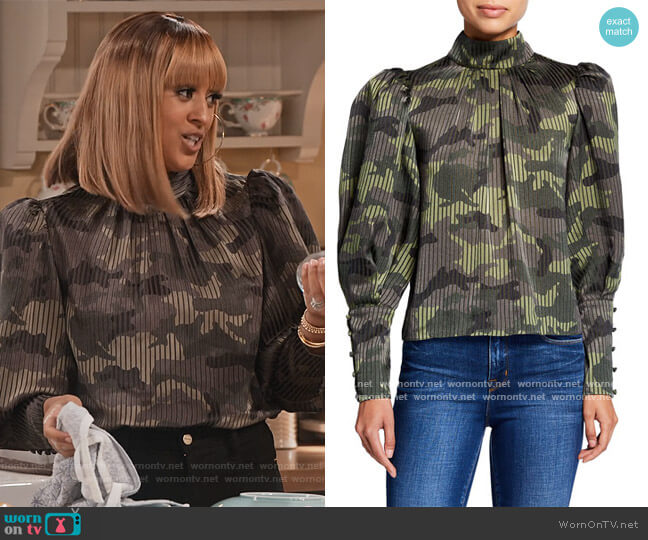 Winslet Camo Print Long Cuff Tunic Blouse by Alice + Olivia worn by Cocoa McKellan (Tia Mowry-Hardrict) on Family Reunion