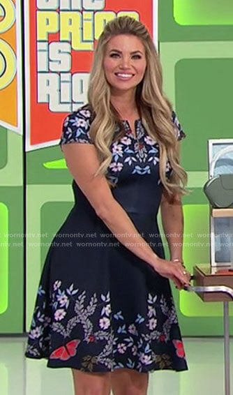 Amber's navy floral and butterfly print dress on The Price is Right