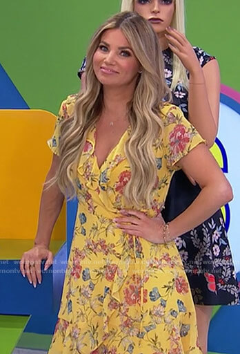 Amber’s yellow floral wrap dress on The Price is Right