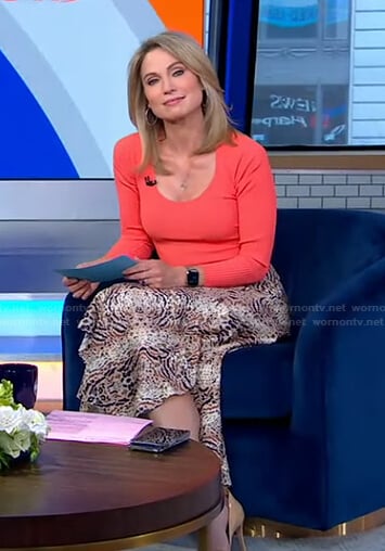 WornOnTV: Amy’s orange scoop neck top and animal print skit on Good ...