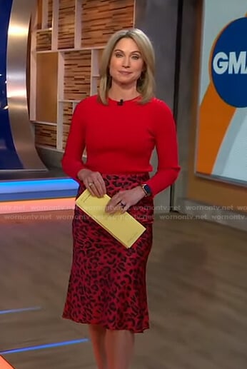 Amy’s red ribbed sweater and leopard skirt on Good Morning America