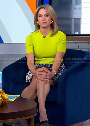 Amy’s yellow studded shoulder top and printed mini skirt on Good Morning America