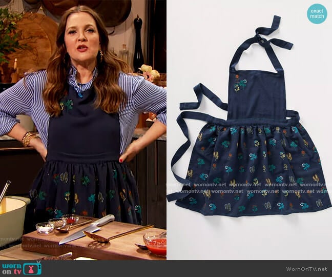 Stacia Embroidered Indigo Apron by Anthropologie worn by Drew Barrymore on The Drew Barrymore Show