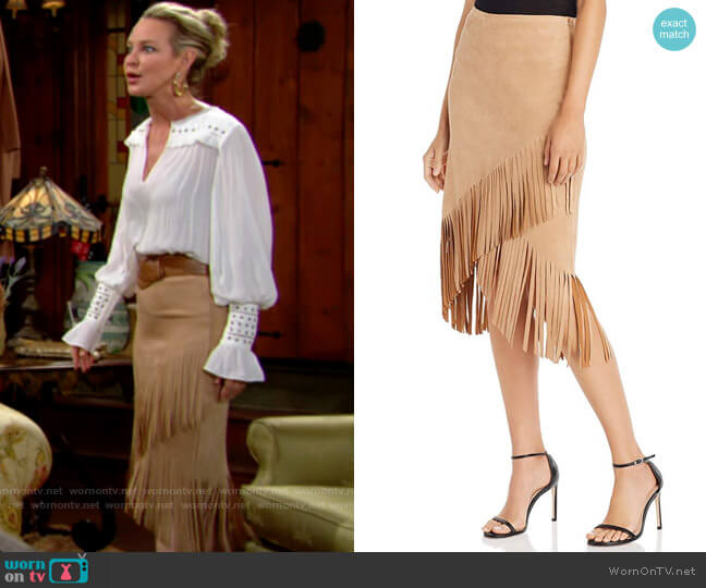 Aqua Fringe-Trim Faux Suede Skirt worn by Sharon Newman (Sharon Case) on The Young and the Restless